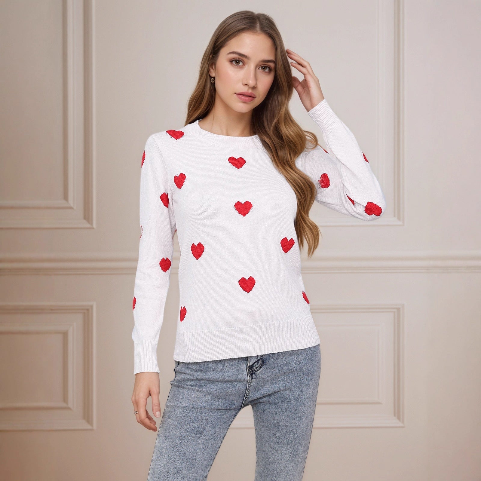Damen Strickpullover Herz-Design Feinweiß - Norvielle