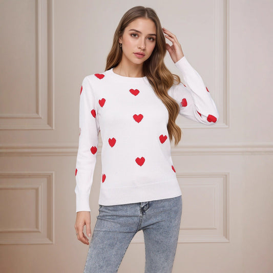 Damen Strickpullover Herz-Design Feinweiß - Norvielle