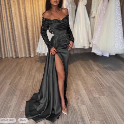 Damen Abendkleid Schimmernder Rock Glitzer Ärmel Norvielle