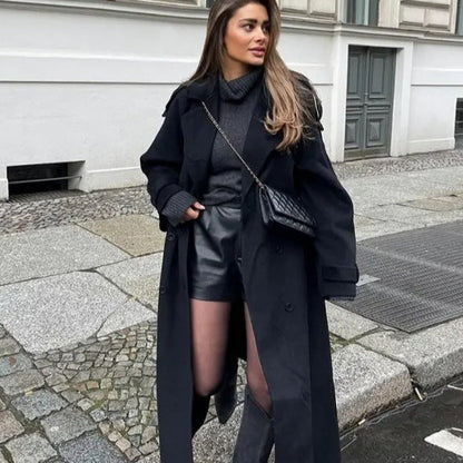 Damen Long-Trenchcoat aus Norvielle mit Stehkragen und Struktur