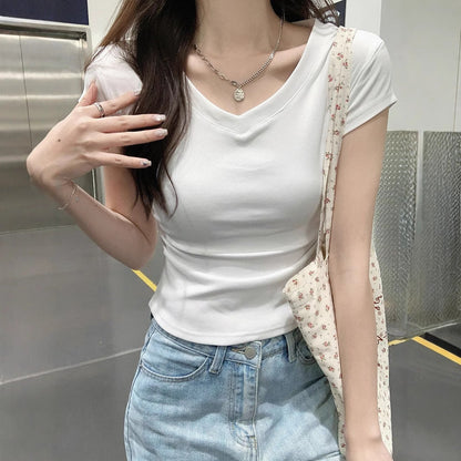 Damen Cropped T-Shirt V-Ausschnitt Figurbetont Weiß