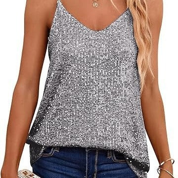 Damen Spaghetti-Trägertop V-Ausschnitt Glitzerdetails