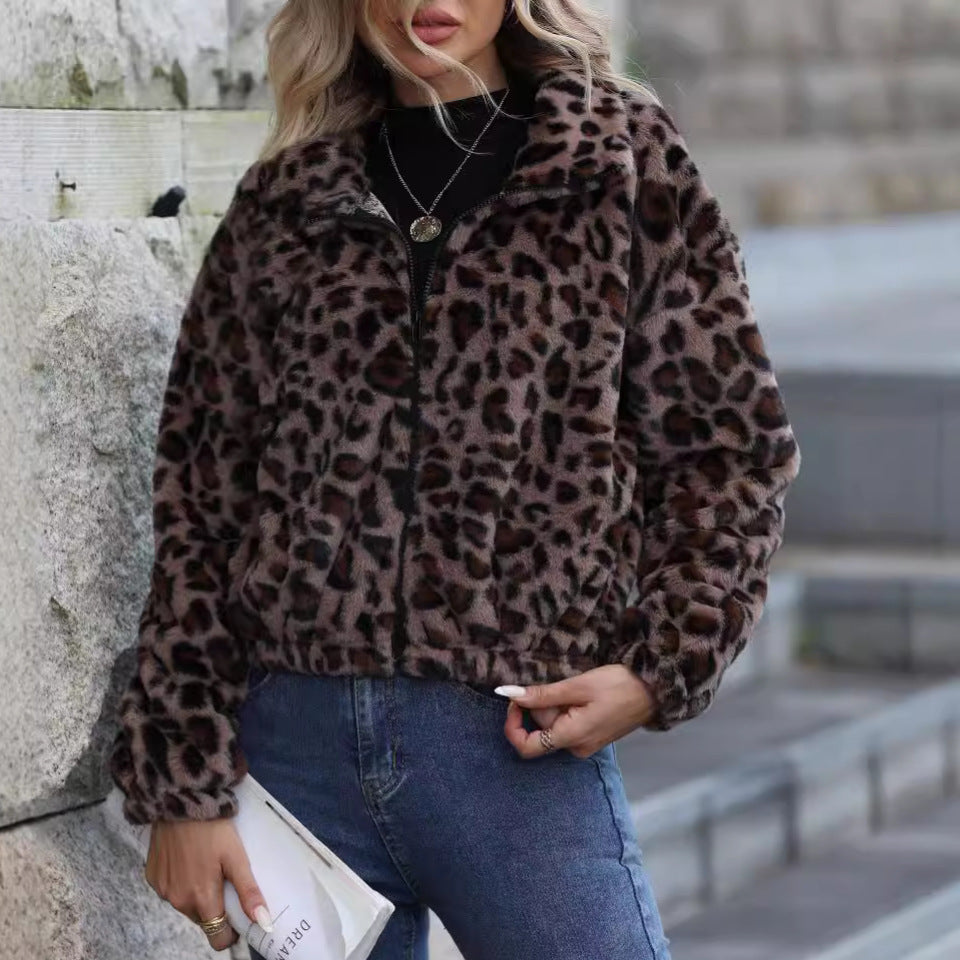 Damen Fleecejacke Leopardenmuster Kuschelig Grün - Norvielle