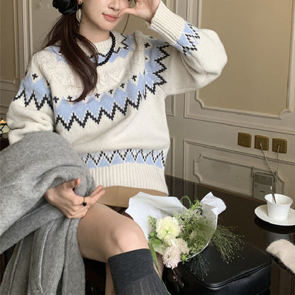 Damen Strickpullover Gemustert Rundhals Komfortschnitt Norvielle