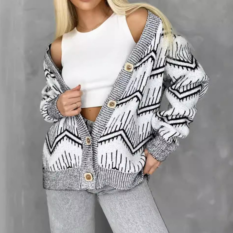 Damen Strickjacke Zigzag-Muster Knöpfe Beige - Norvielle