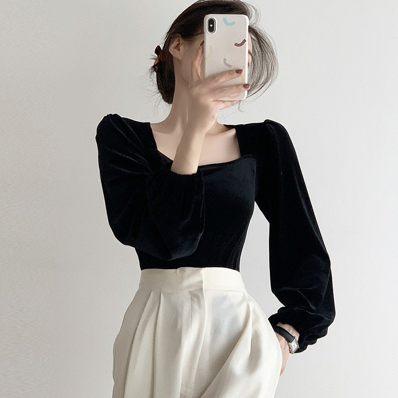 Damen Strickoberteil Puffärmel Quadrat-Ausschnitt Elegantes Design