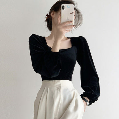 Damen Strickoberteil Puffärmel Quadrat-Ausschnitt Elegantes Design