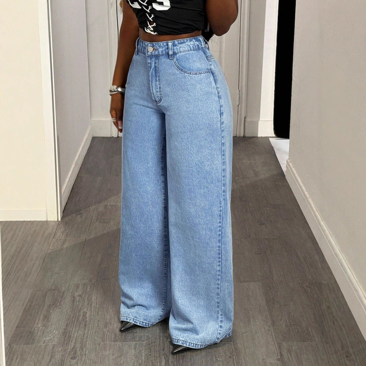 Damen High-Waist Wide-Leg Jeans Statement-Print