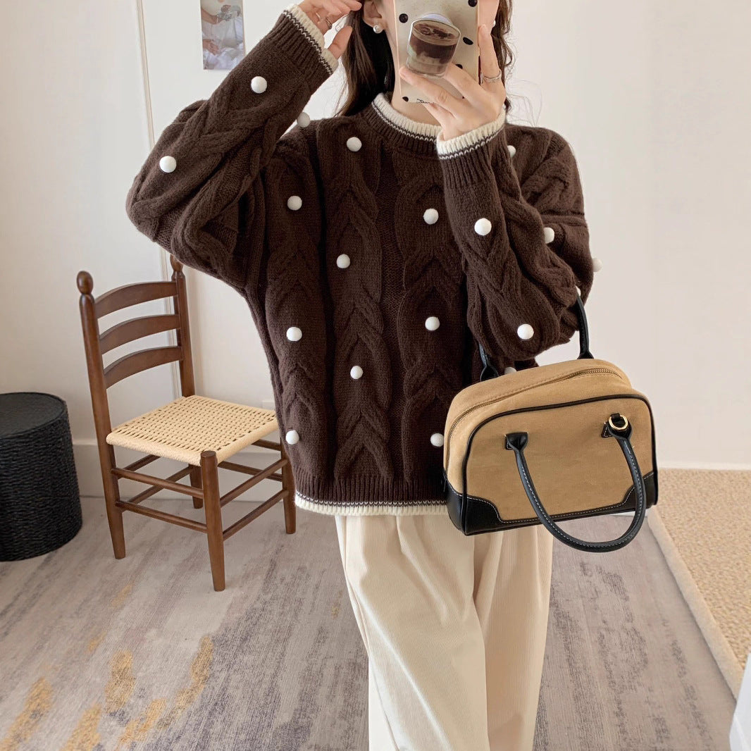 Damen Oversize Pullover Grobgestrickt Lässig Zopfmuster Beige