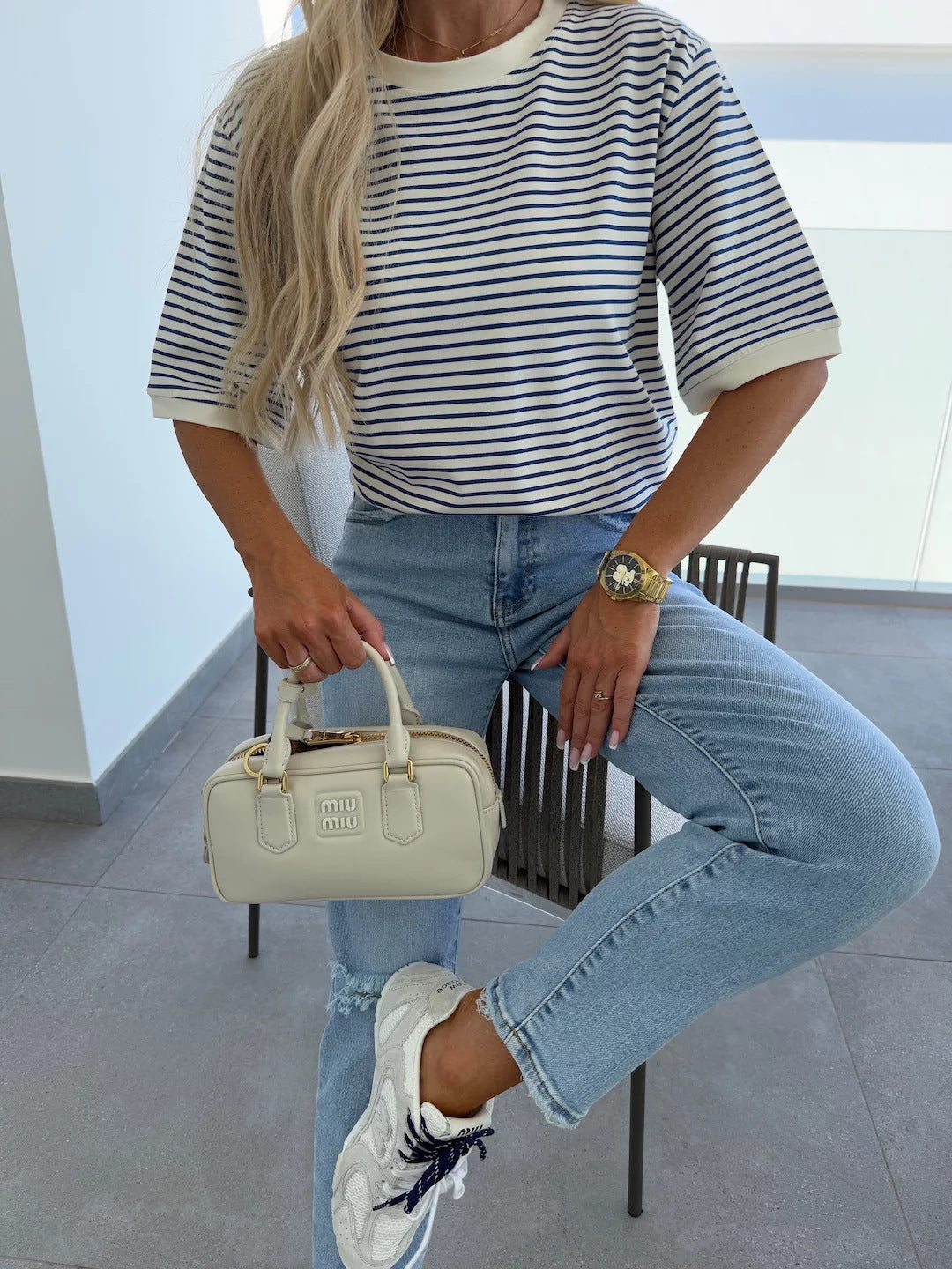 Damen T-Shirt Streifenmuster Bequem Weiss