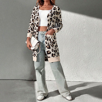 Damen Cardigan Leopardenmuster Baumwolle Mit Taschen Beige