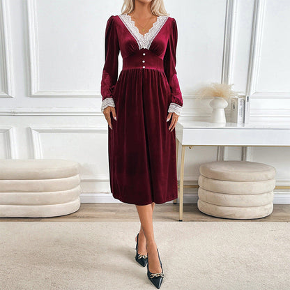 Damen Samtkleid Spitzenapplikationen Knöpfe