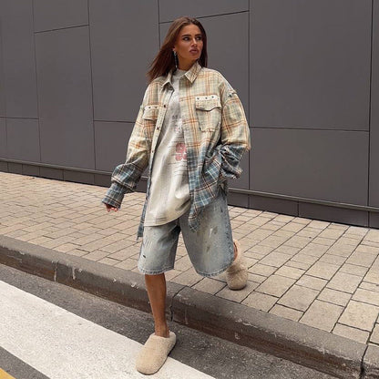 Damen Karo-Hemdjacke Oversized mit Taschen Norvielle