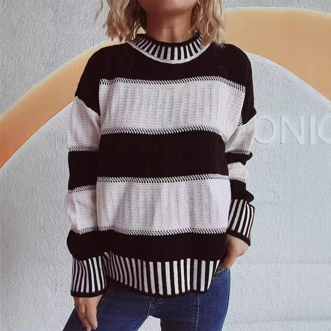 Damen Strickpullover Streifenmuster Hochbündchen Norvielle