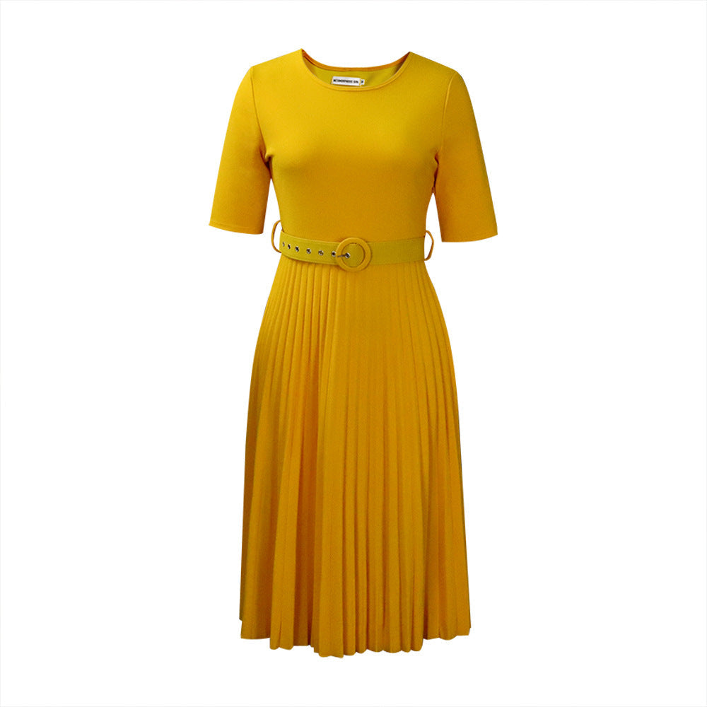 Damen Plissiertes Kleid mit Taillengürtel und kurzen Ärmeln