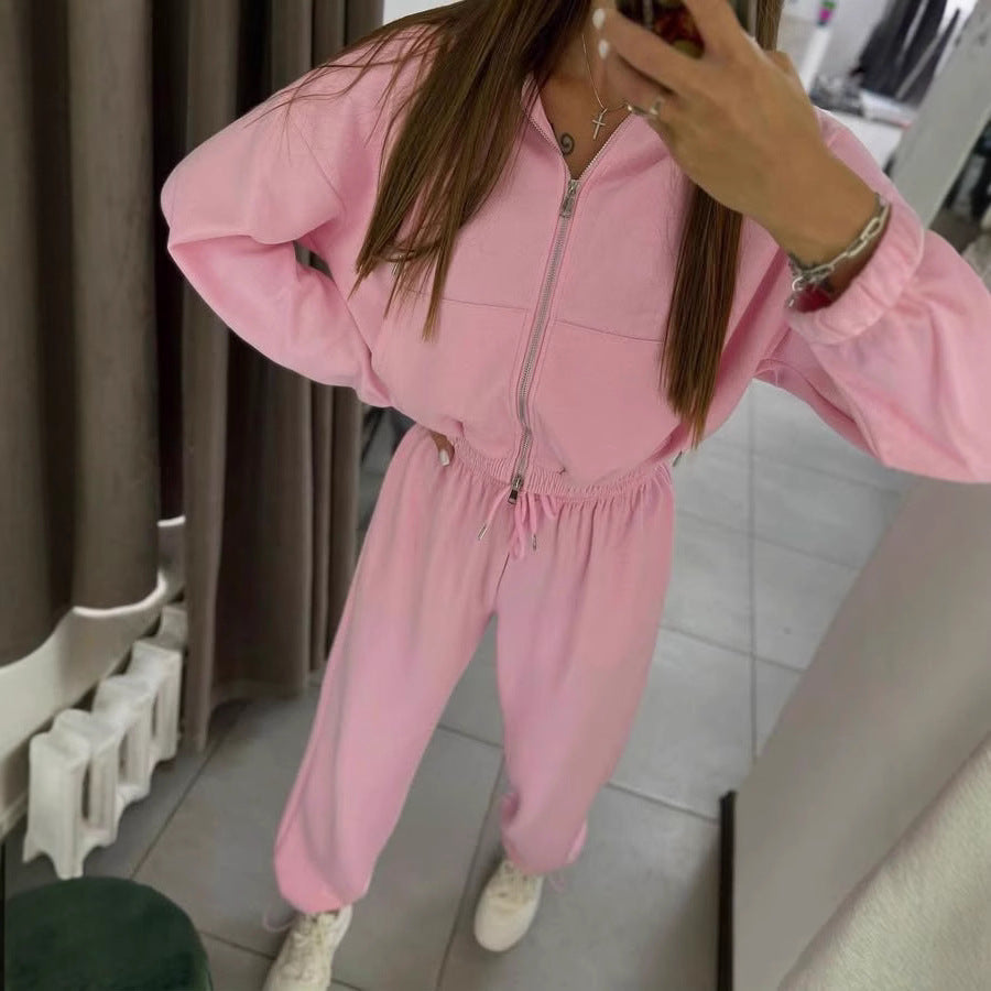 Damen Sportliches Kapuzen-Set Cropped Oberteil Jogginghosen Norvielle
