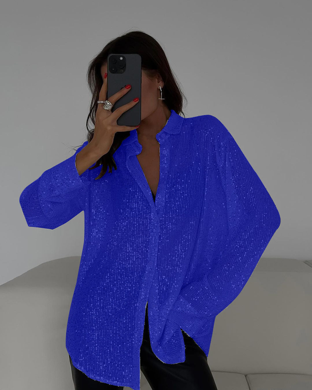 Damen Glitzerbluse Schimmernder Stoff Lässiger Schnitt