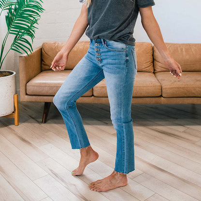 Damen High-Waist Jeans Knöpfbarer Einsatz Französer Saum Norvielle