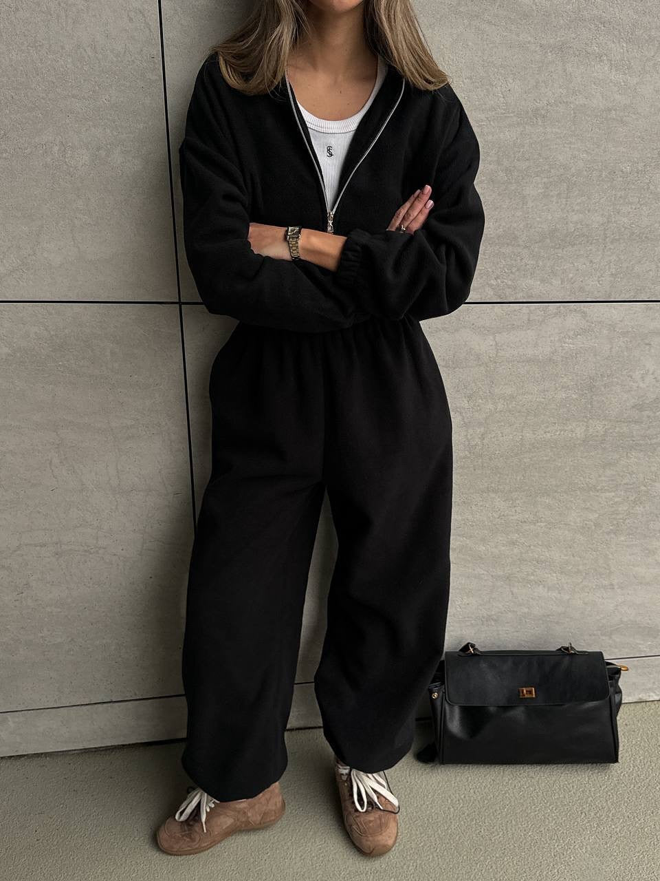 Damen Fleece Lounge Set Hochkragen Praktische Taschen Norvielle