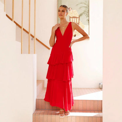 Damen Maxikleid Asymmetrischer Volant V-Ausschnitt Norvielle