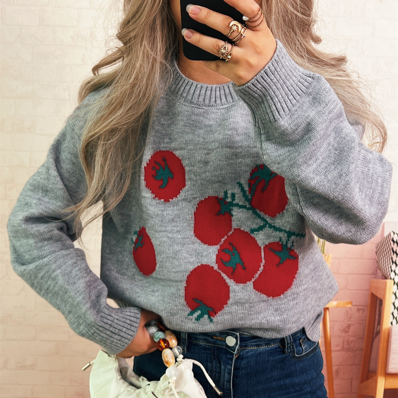Damen Strickpullover Tomatenmuster Lässiger Schnitt Norvielle