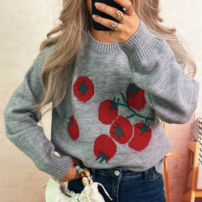 Damen Strickpullover Tomatenmuster Lässiger Schnitt Norvielle