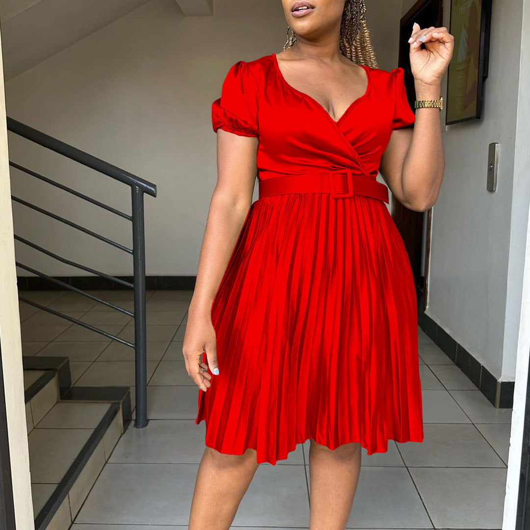 Damen Plissee-Kleid mit Gürtel und Puffärmeln Norvielle