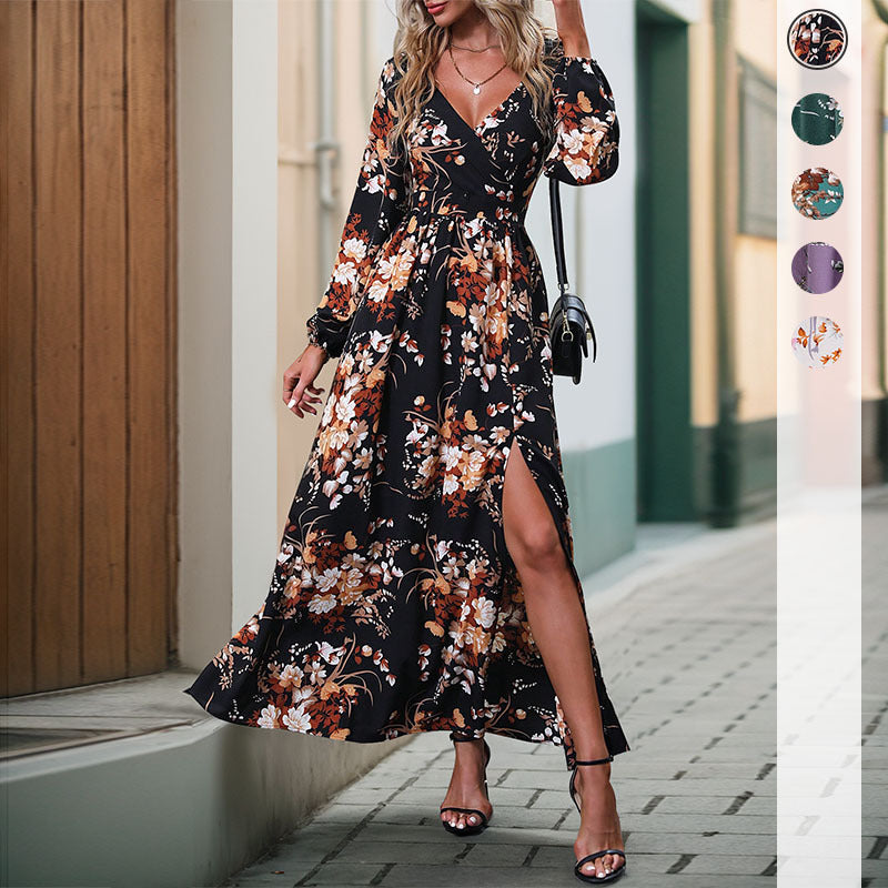 Damen Maxikleid Floralmuster Schlitz dunkel - Norvielle