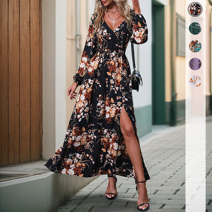 Damen Maxikleid Floralmuster Schlitz dunkel - Norvielle