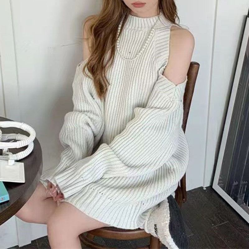 Damen Strickkleid Schulterfrei Rippstruktur Norvielle
