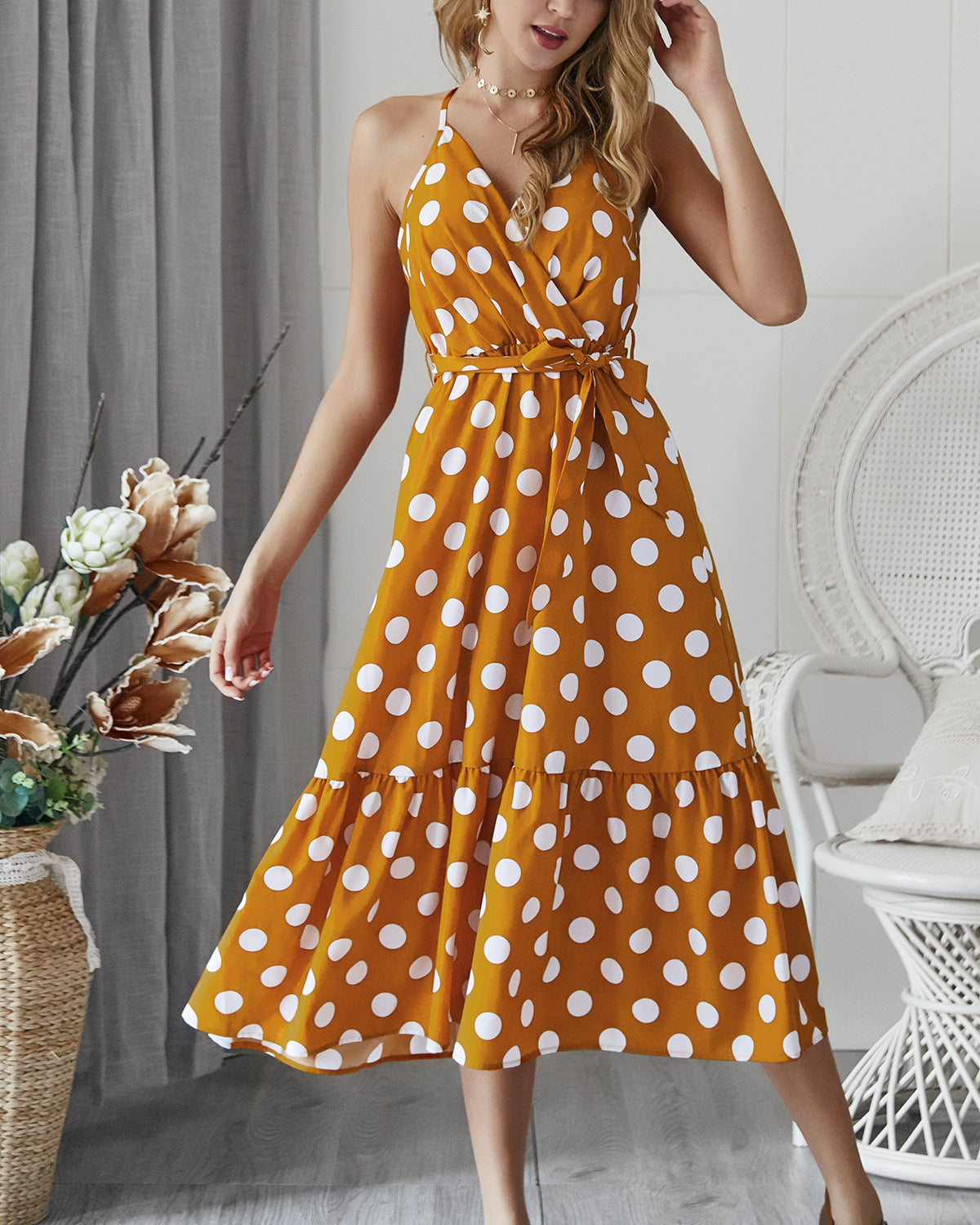 Damen Maxikleid Polka-Dots Rüschen Norvielle