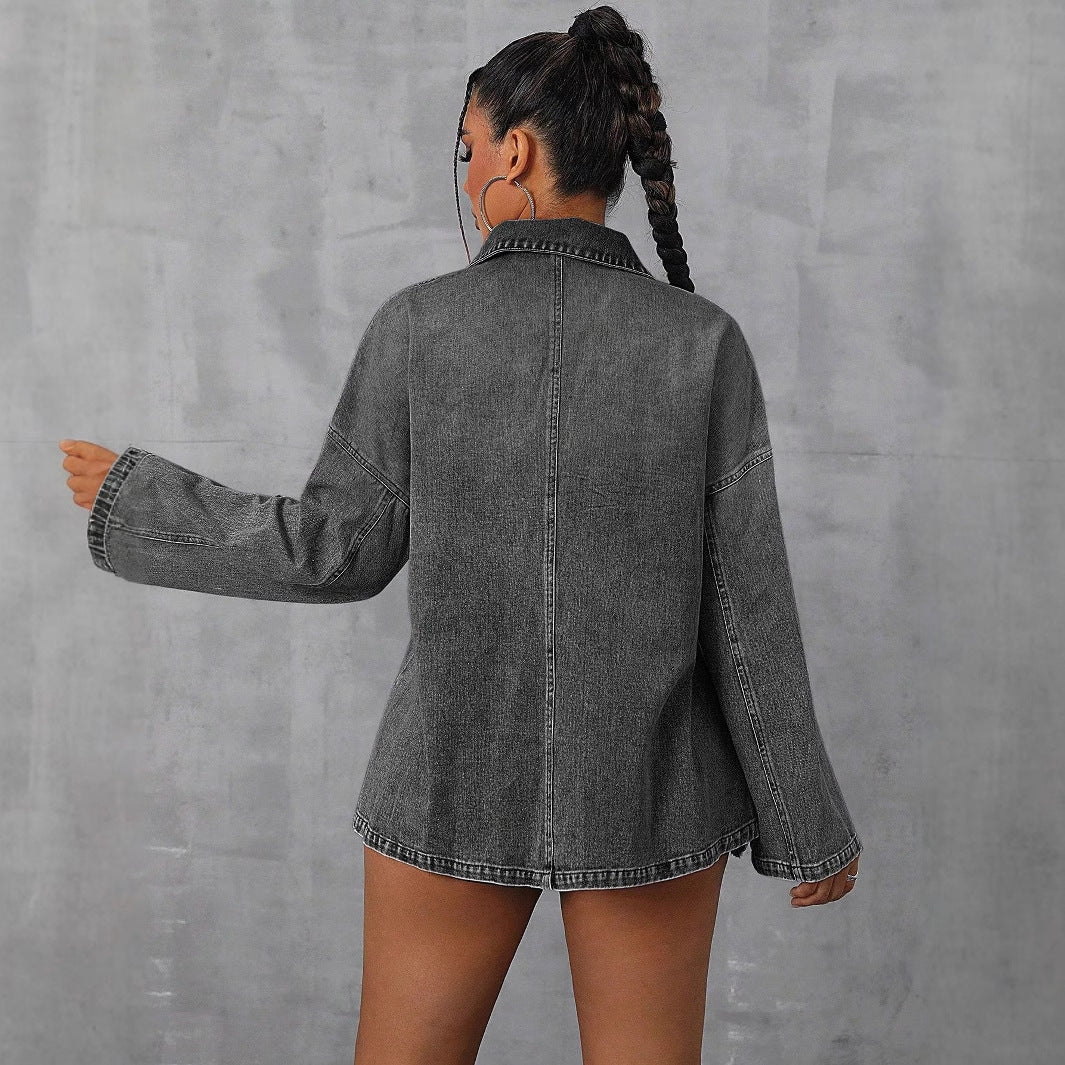 Damen Oversized Denimbluse Lässiger Kragen