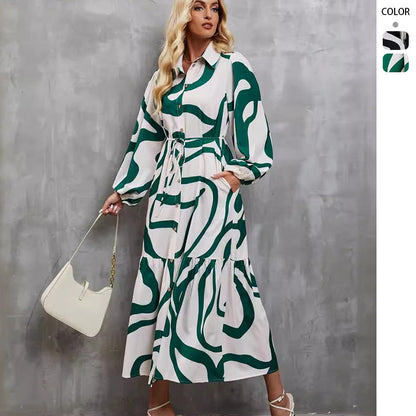 Damen Langarmkleid mit Muster und Bindegürtel - Norvielle