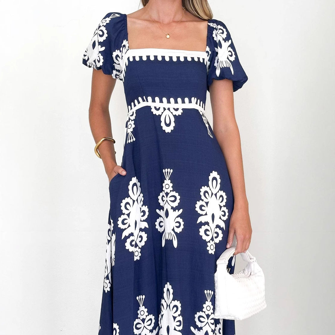 Damen Maxikleid Puffärmel Grafisches Muster Norvielle