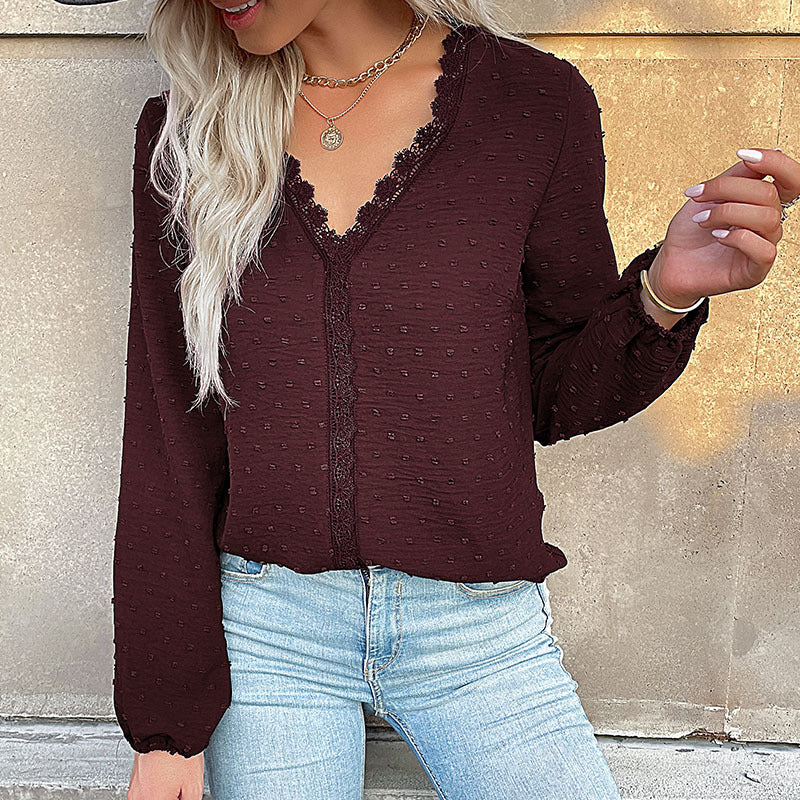 Damen Bluse Spitzenbesatz Puffärmel Elegantes Design