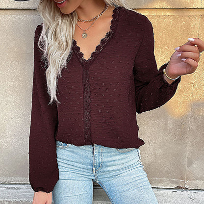 Damen Bluse Spitzenbesatz Puffärmel Elegantes Design