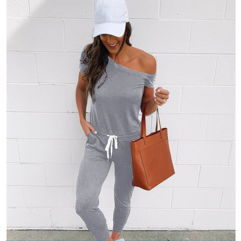 Damen Jumpsuit Asymmetrischer Ausschnitt Hohe Taillenbetonung