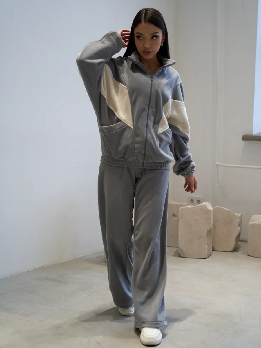 Damen Sportliches Fleece-Set mit hohem Kragen und weiten Hosen