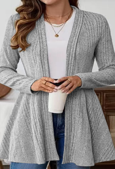 Damen Strickjacke Lang Rippmuster Tailliert Beige