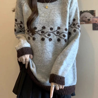 Damen Strickpullover Weich Floralmuster Spitzen Beige