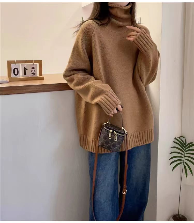Damen Grobstrickpullover Stehkragen Seitenschlitzen Norvielle