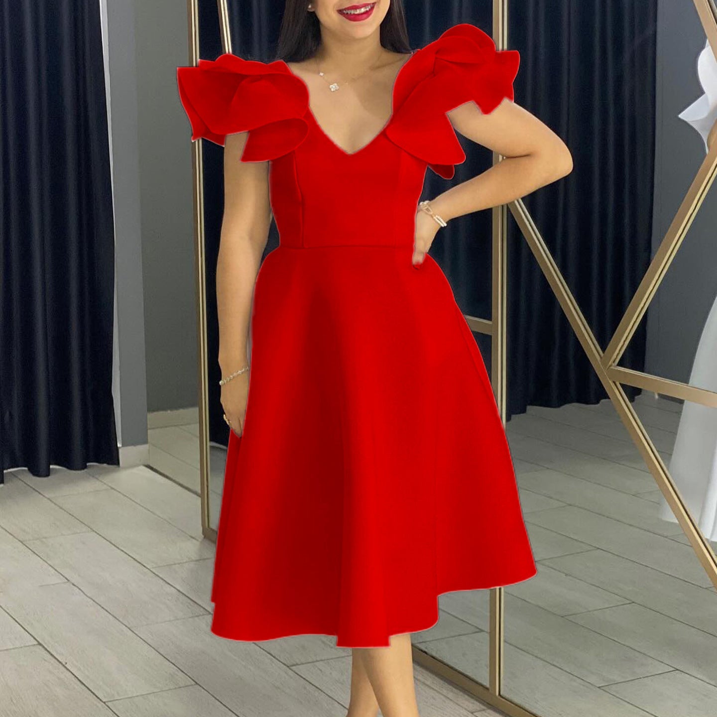 Damen Midi-Kleid Voluminöse Rüschenärmel Weit Rock