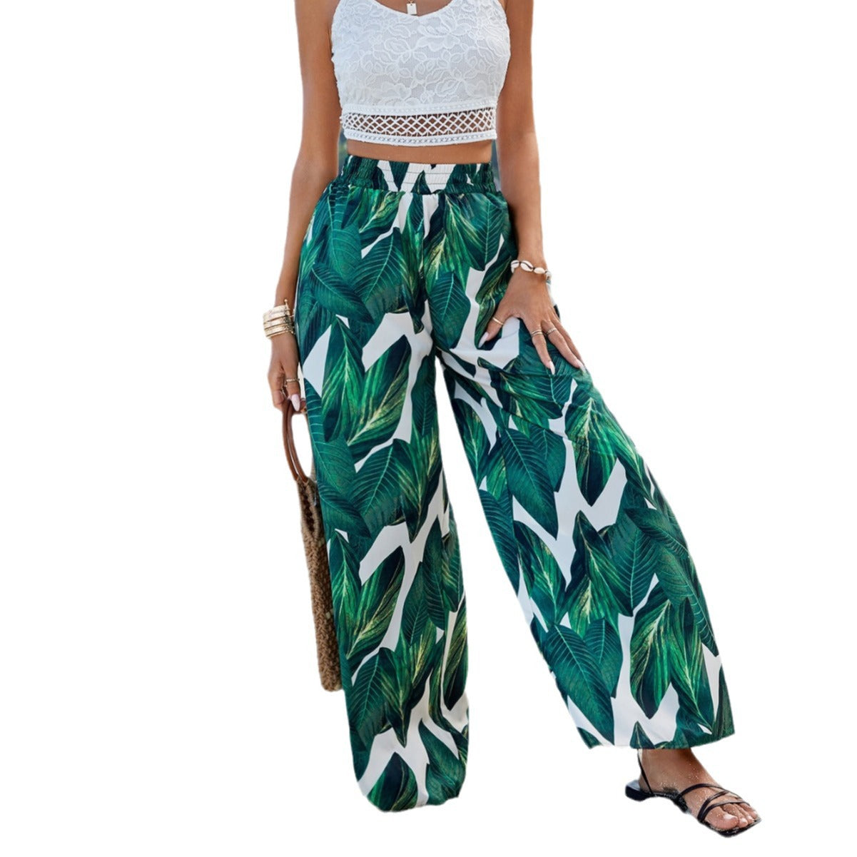Damen Strandhose Tropisches Blattmuster Elastischer Bund Norvielle