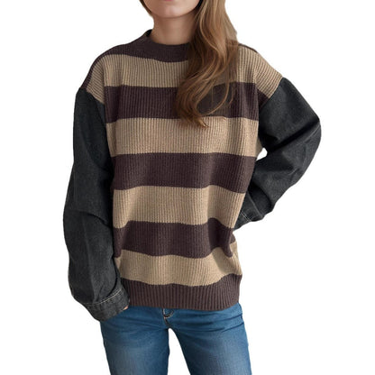 Damen Oversized Pullover Gestreift Weicher Baumwollmix Beige