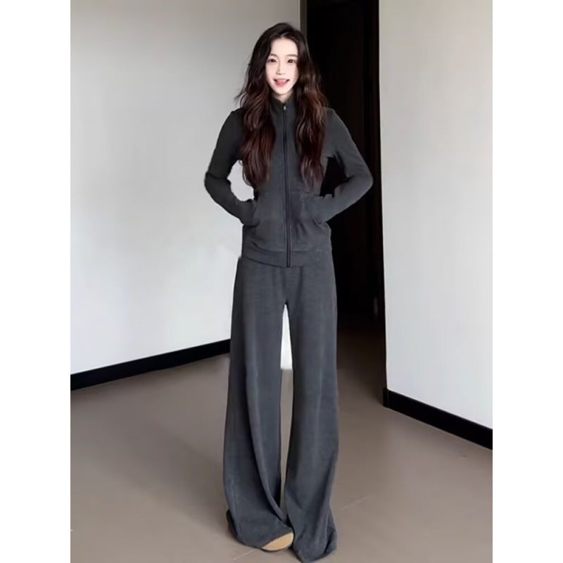 Damen Fleece-Anzug-Set Weites Design Hocher Kragen Grün - Norvielle