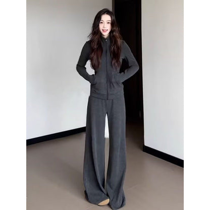Damen Fleece-Anzug-Set Weites Design Hocher Kragen Grün - Norvielle