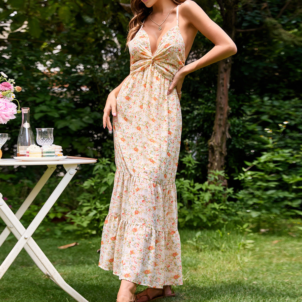 Damen Maxi-Kleid V-Ausschnitt Fließender Rock Norvielle