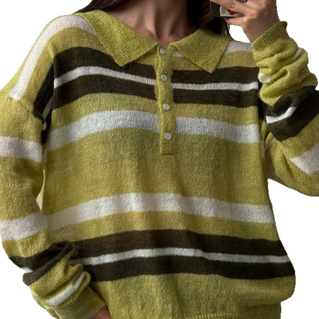 Damen Grobgestrickter Pullover Polo-Kragen Blockstreifen