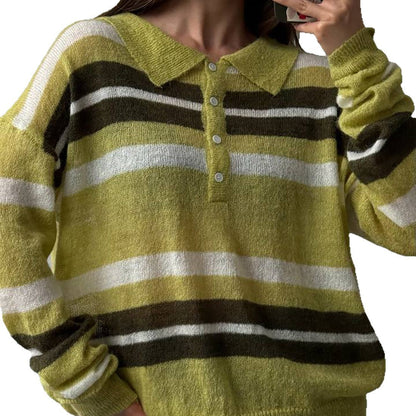 Damen Grobgestrickter Pullover Polo-Kragen Blockstreifen