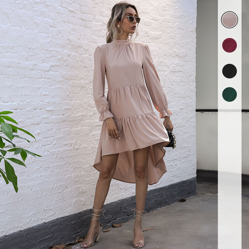 Damen Wickelkleid Asymmetrisch Rüschen Stehkragen Norvielle - Norvielle